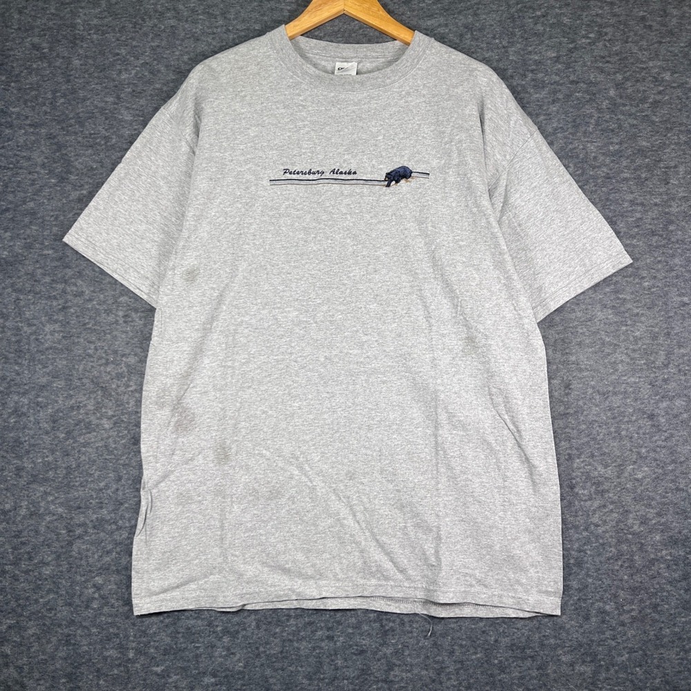 Anvil T-Shirt Mens 2XL Grey Good Petersburg Alaska Bear Embroidered Vintage Tee